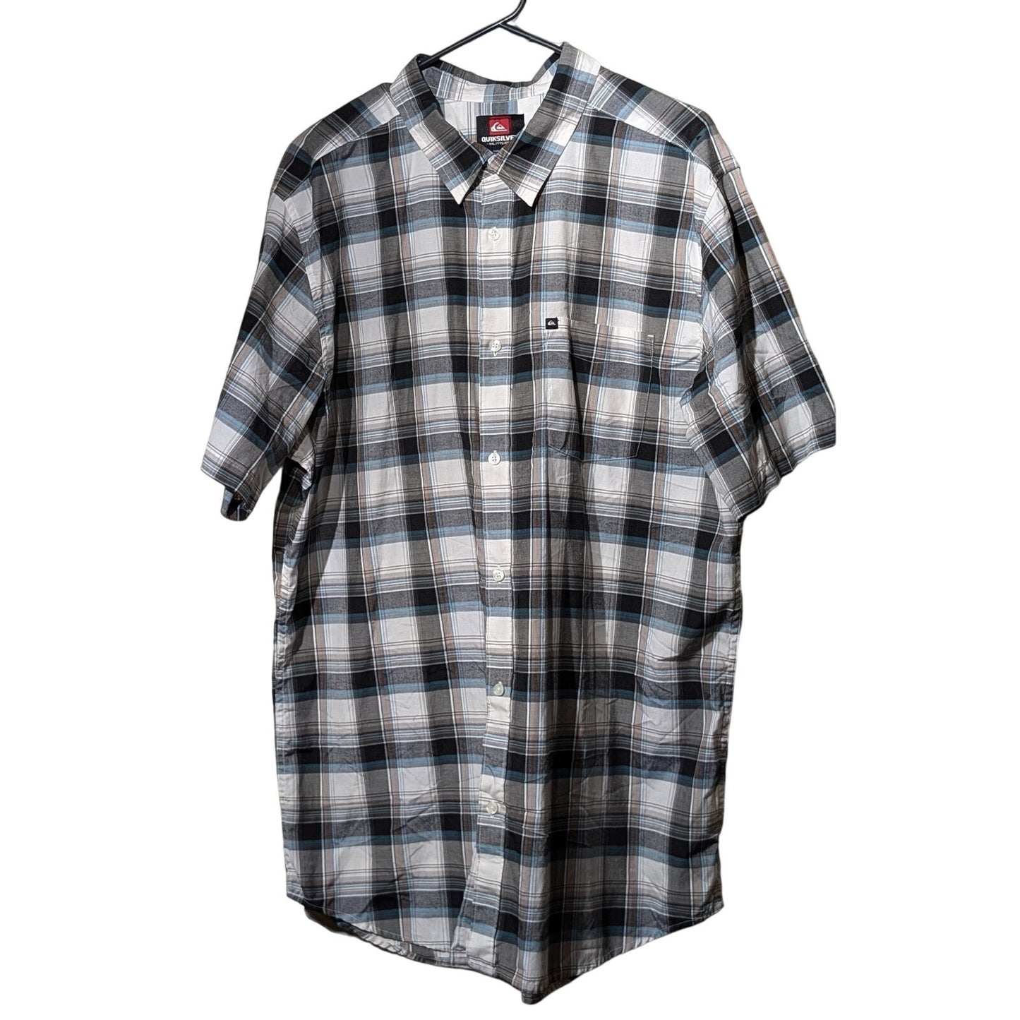 Quiksilver Black Gray Teal Plaid Short Sleeve Button Front Shirt Mens Sz XXL