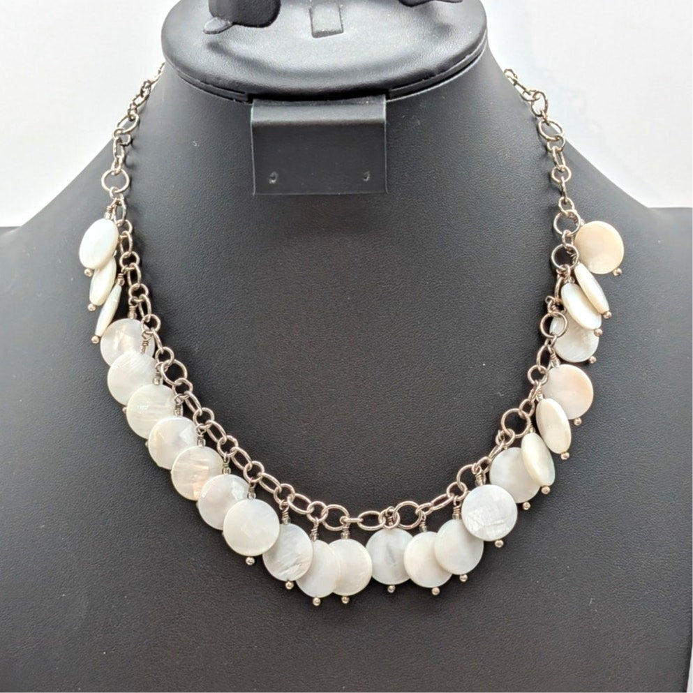 VTG 925 Sterling Silver 18"Chain W/ Mother of Pearl Bead Dangle Collar Necklace