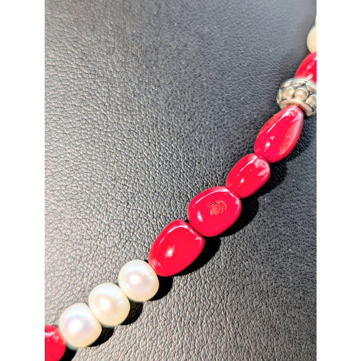 Red Coral Freshwater Pearl Silver Tone Beaded Necklace