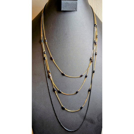 Lot of Two Vintage Black & Gold Chain Layered Necklaces