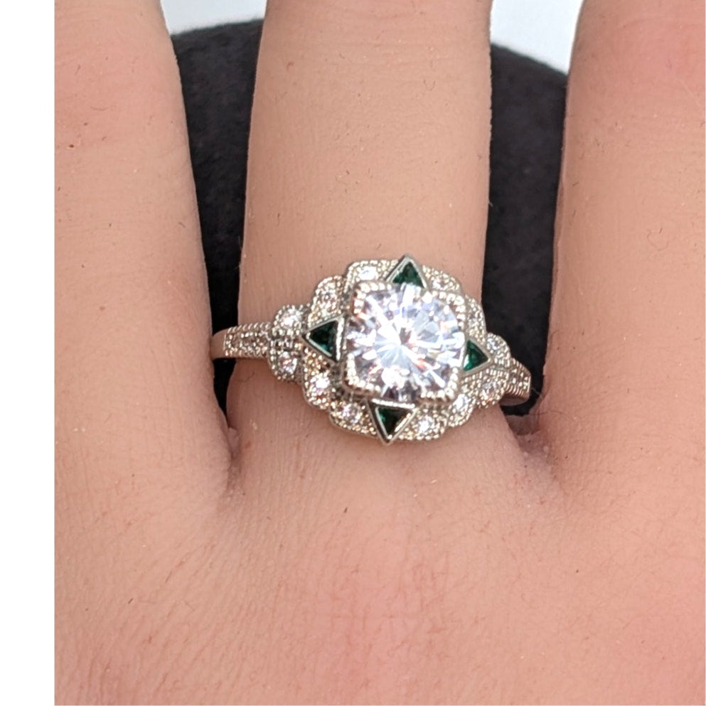 Vintage Inspired Art Deco 925 Sterling Green Trillion Round CZ Ring Sz 8.75