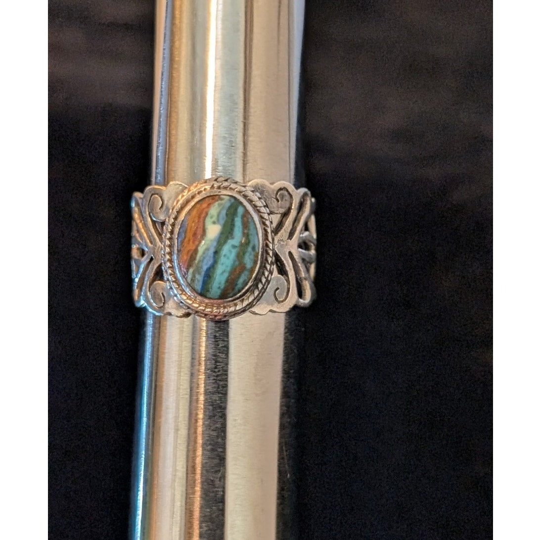 925 Sterling Silver Filigree Rainbow Calsilica Stone Ring Size 6.25