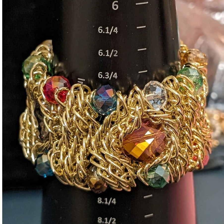 Bold Chunky Jeweled Gold Tone Woven Chain Stretch Bracelet
