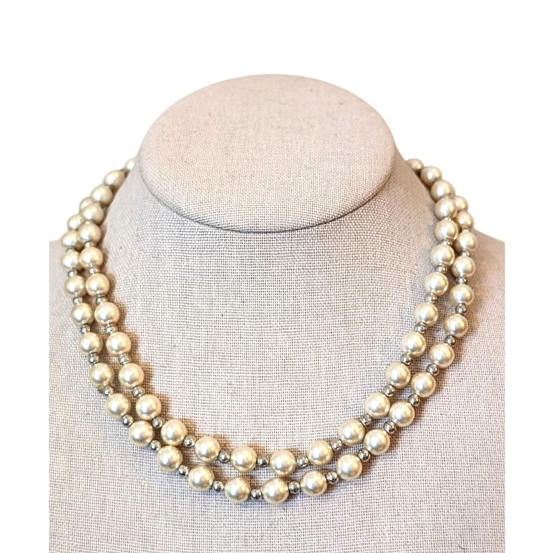Double Strand 5mm Glass Pearls W/ Marked 925 Sterling Silver Beads and Clasp