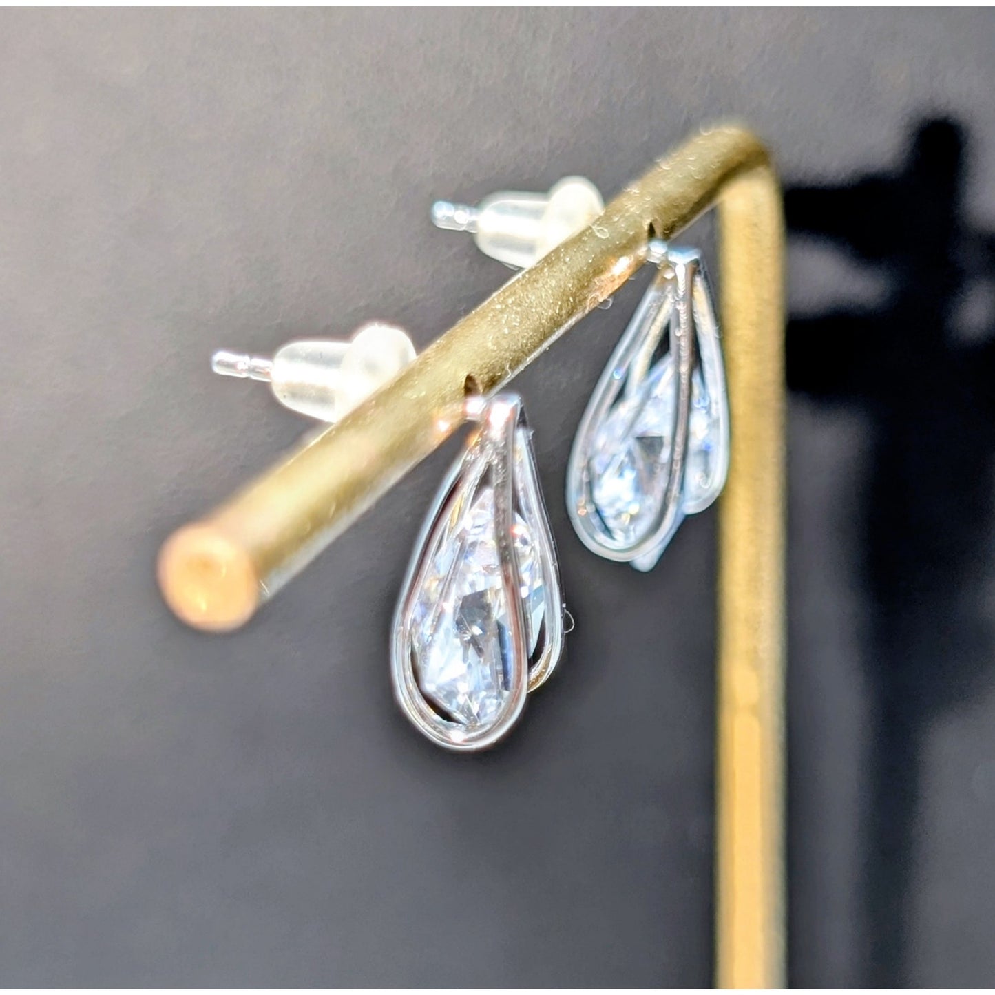 Marked SU CH Silver Square Crystal Pierced Earrings