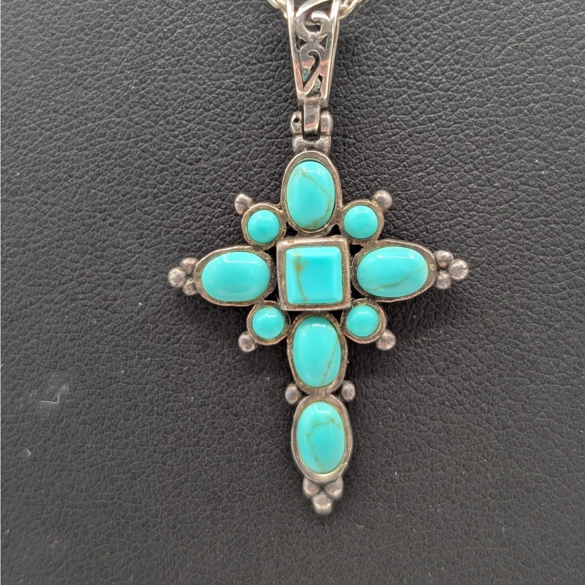 Vintage Joseph Cleary Turquoise Sterling 925 Cross Pendant 18" Chain Necklace