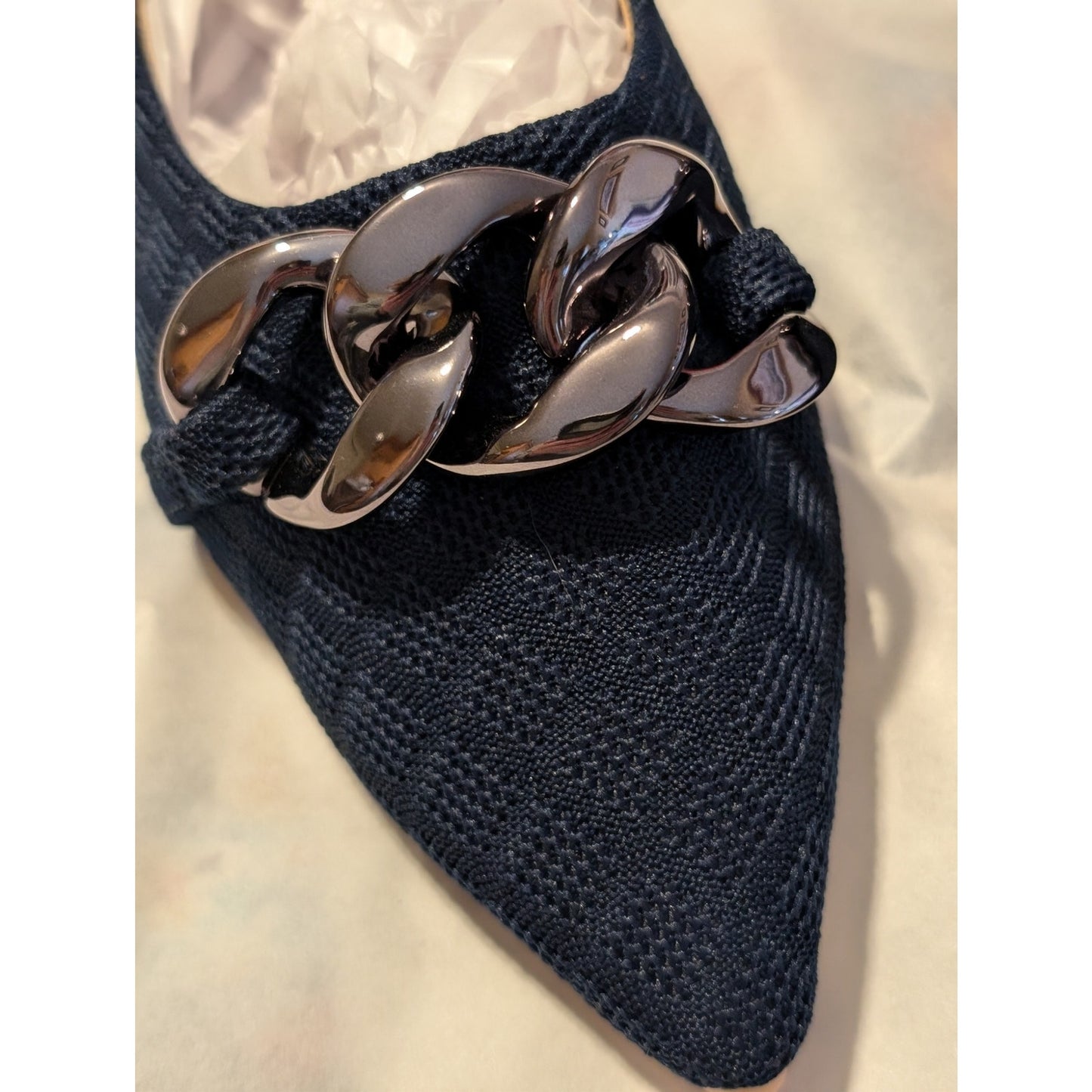 Unbranded Navy Fabric Pointed Toe Gunmetal Chain Smoking Flat Size 39 (EU)