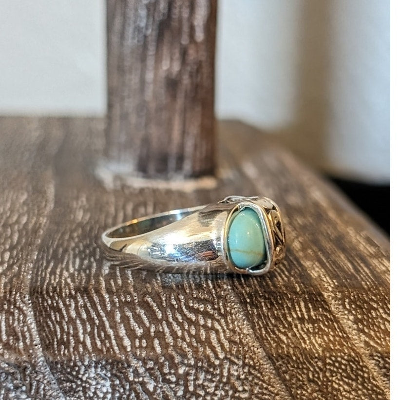 Filigree Overlaid Turquoise Marked 925 Sterling PD Ring Size 4.5