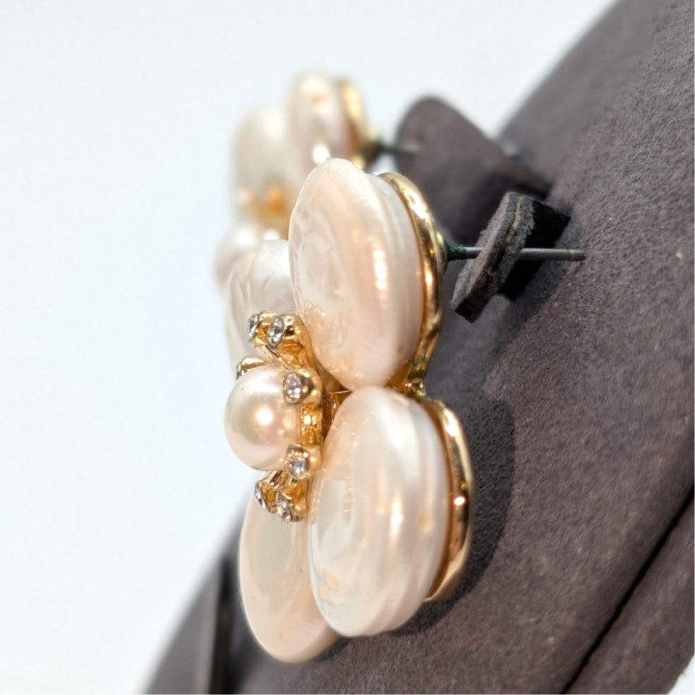C & C California White Daisy Pearl Rhinestone Gold Tone Flower Earrings