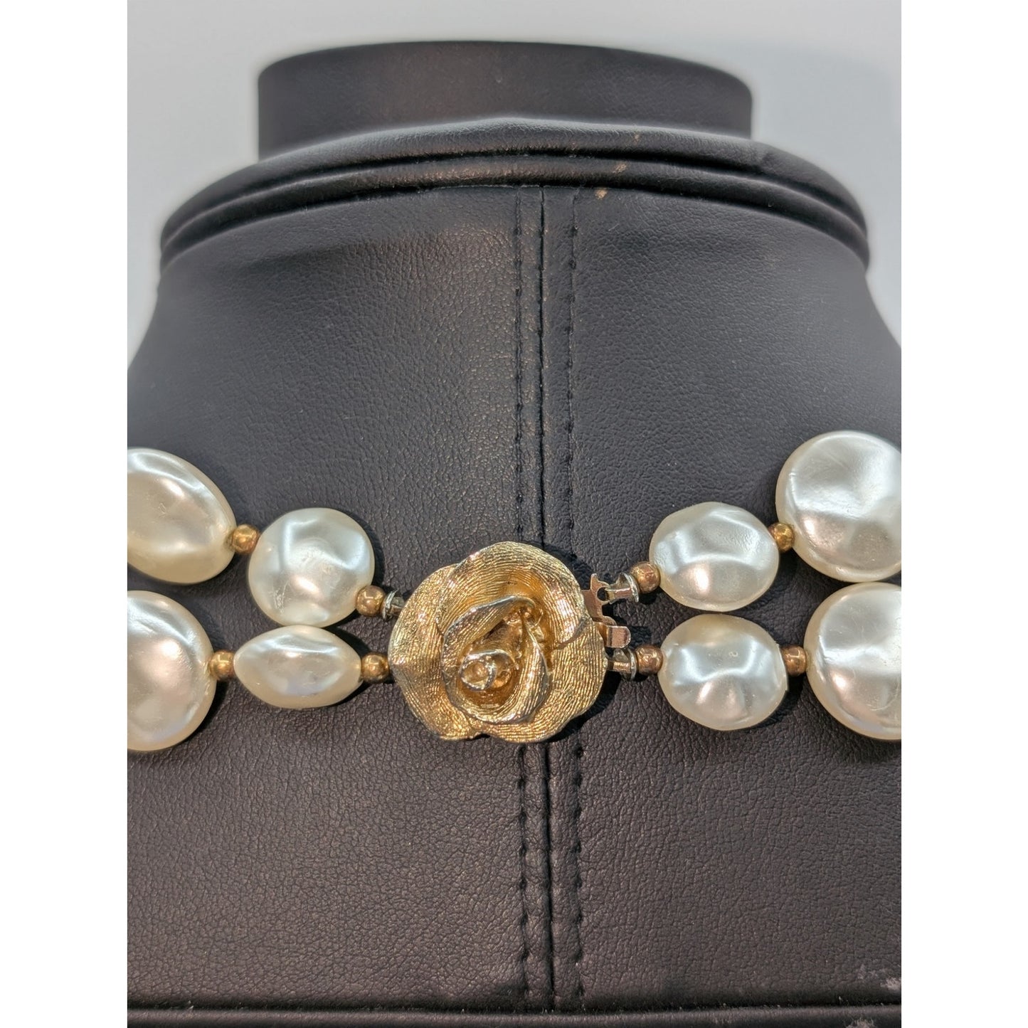 Vintage Double Strand Flat Faux Pearl Gold Tone Bead Fancy Clasp 24" Necklace
