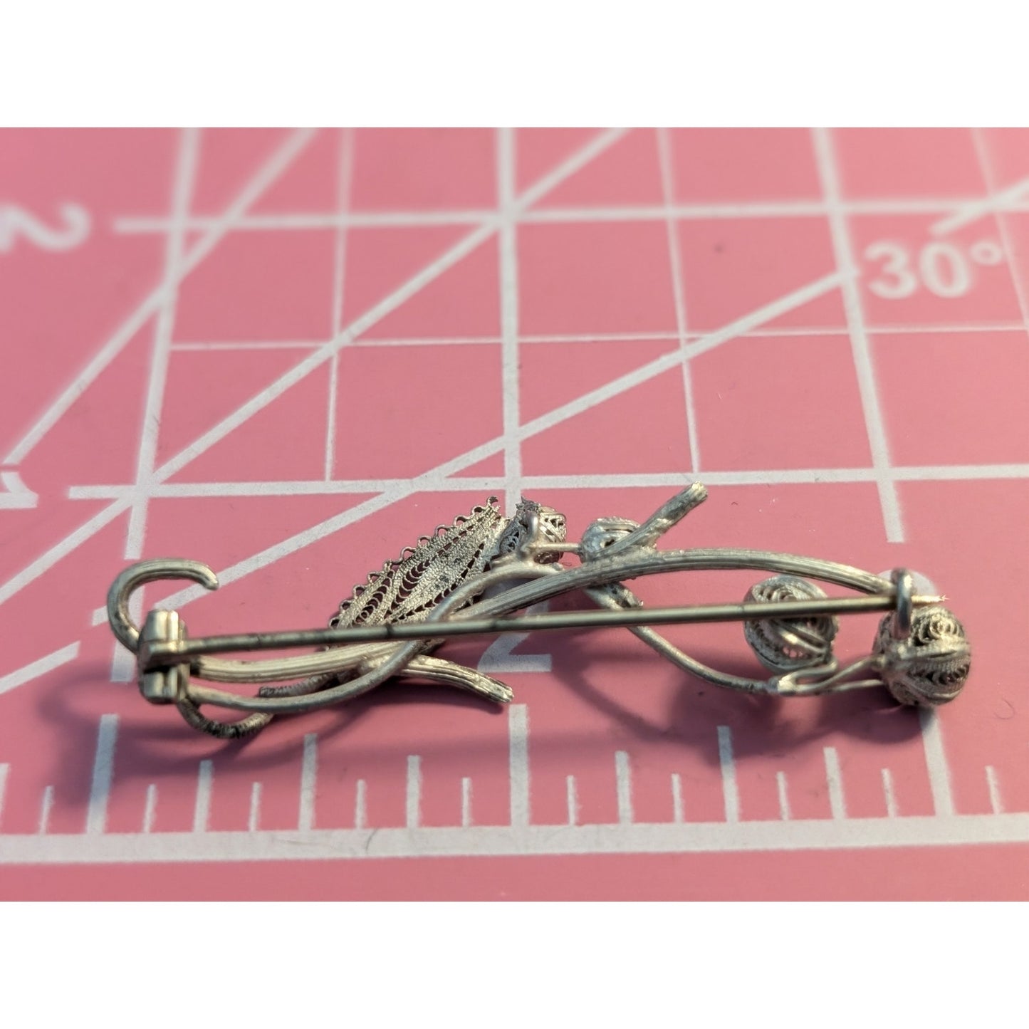Antique HandMade Filigree 800 Silver Leaf & Flower Bud Hook Clasp Brooch