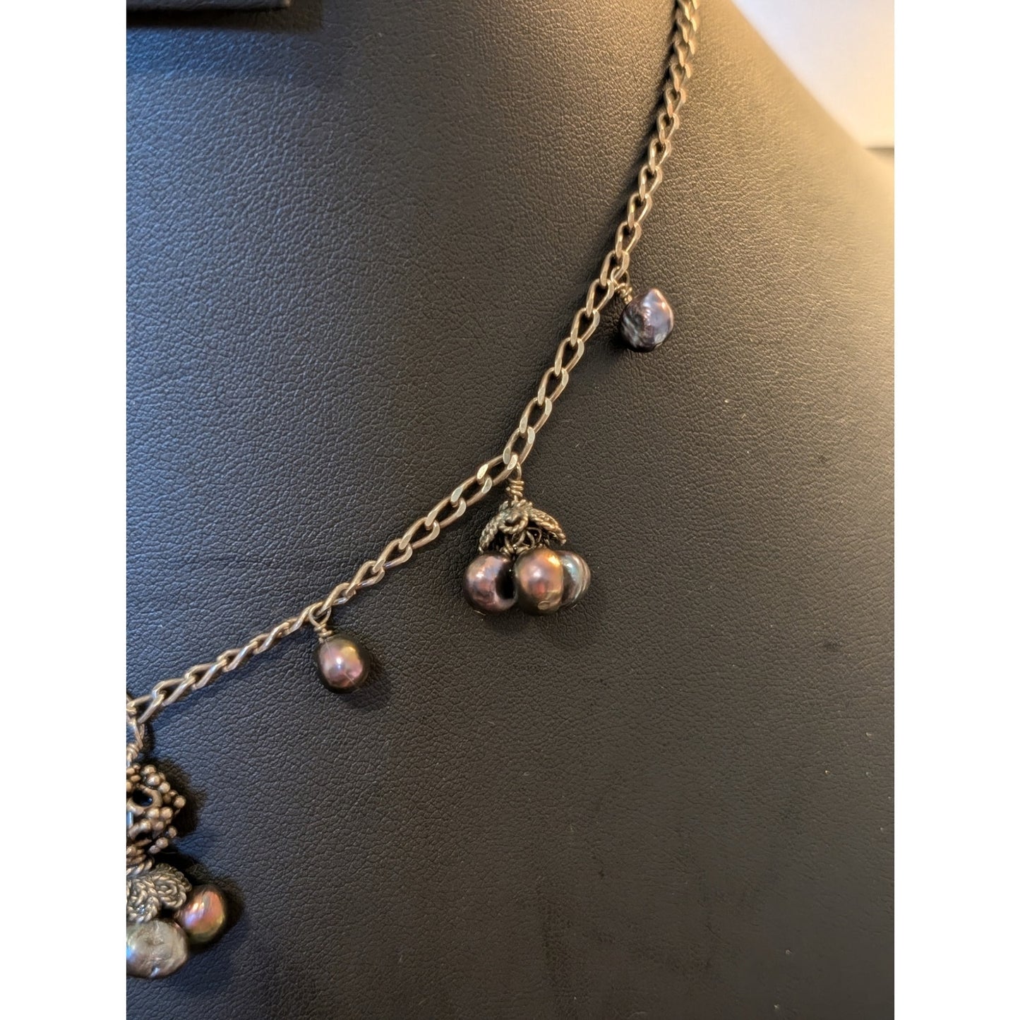 Vtg 925 Sterling Genuine Freshwater Peacock Pearl Dangling 15-16.5" Necklace