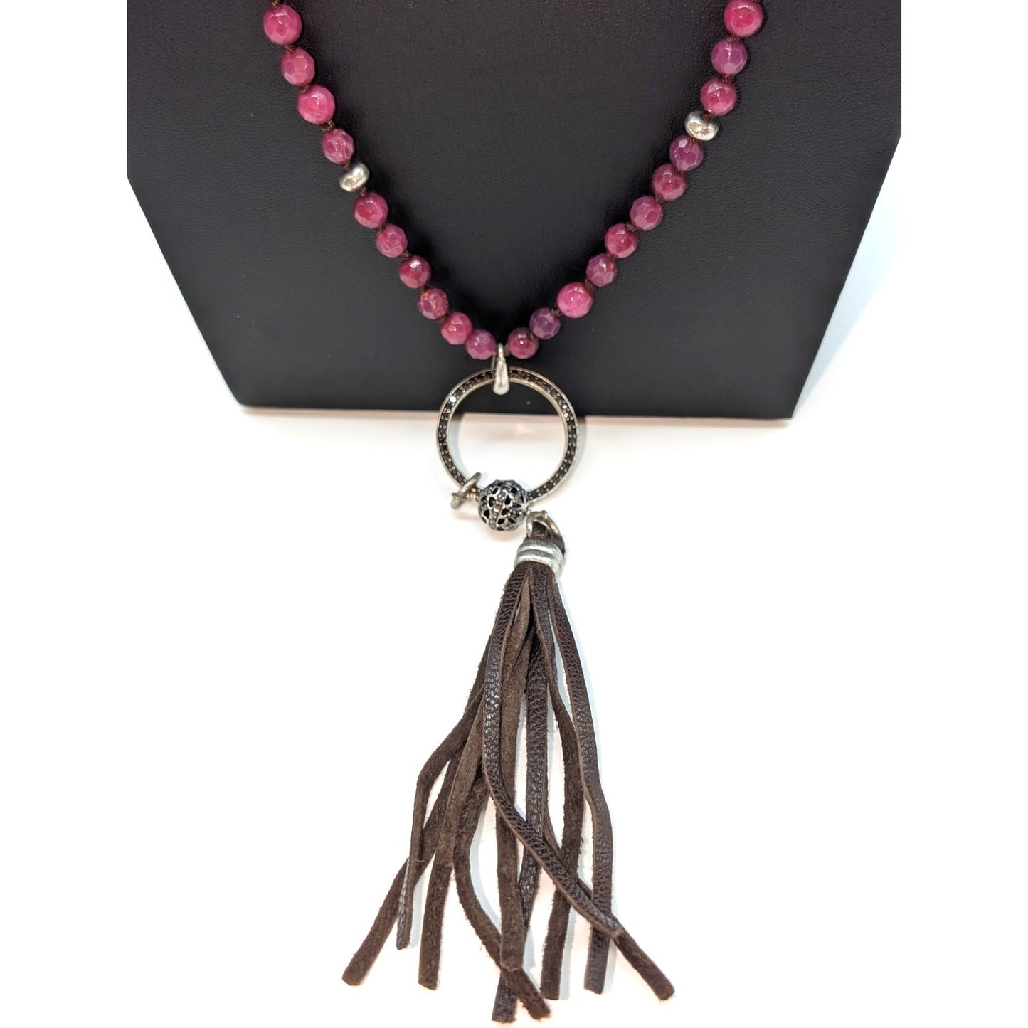 Lucky Brand Boho Wine Crystal Rhinestone Leather Tassel 34"-35.5" Necklace