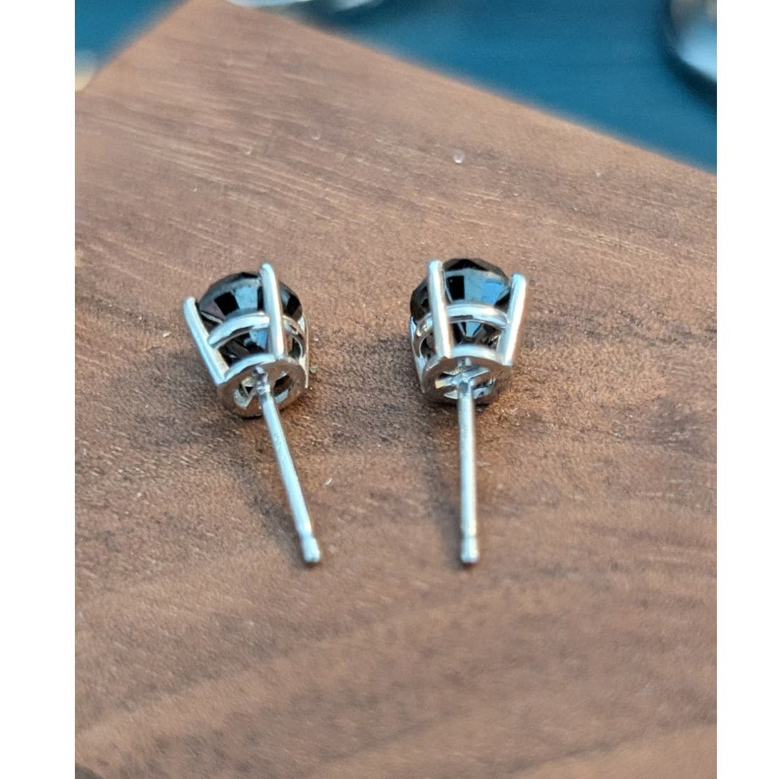 14k White Gold 4-Prong Basket Round Black Diamond Stud Earrings