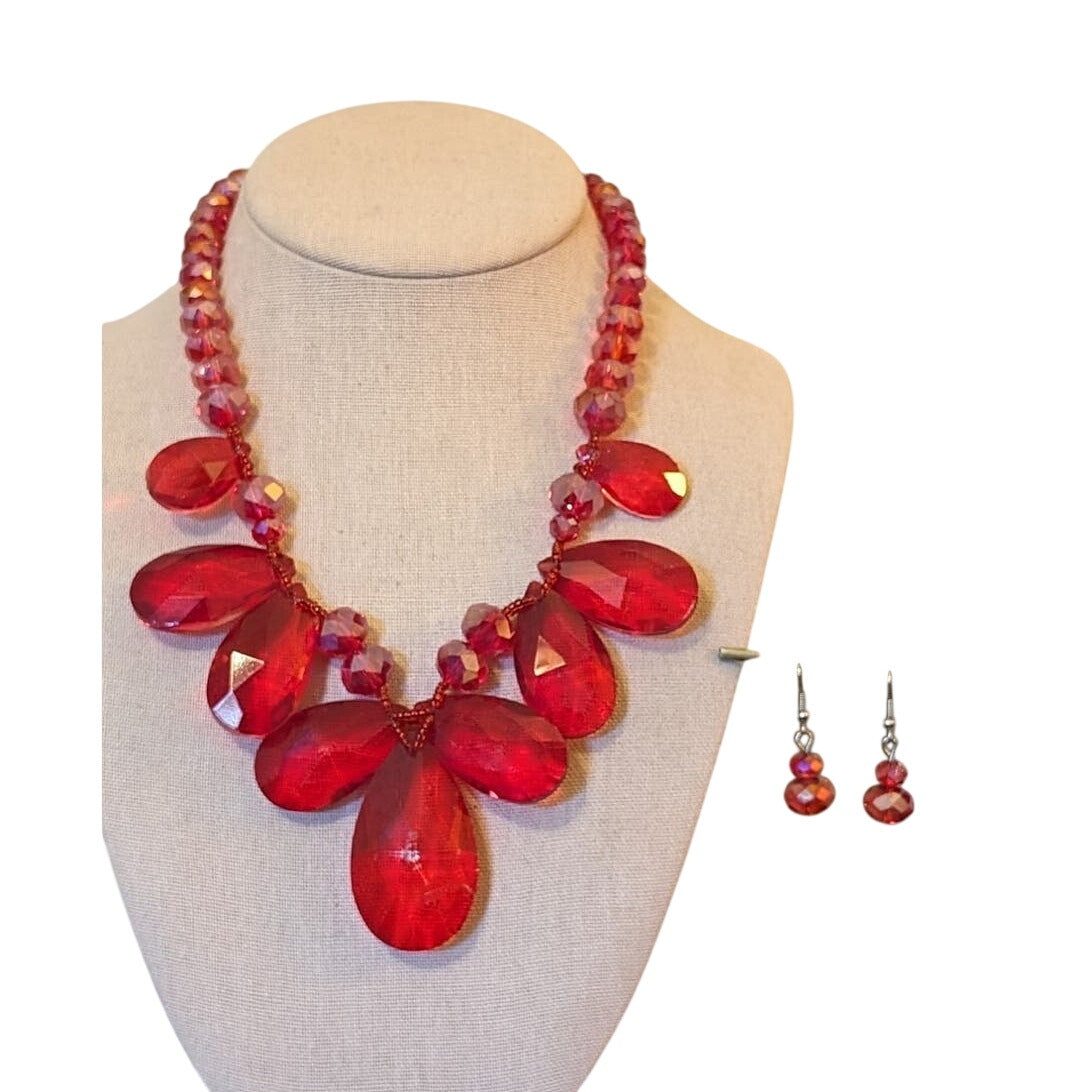 Large Chunky Red Glass Crystal Necklace and Earring Set
