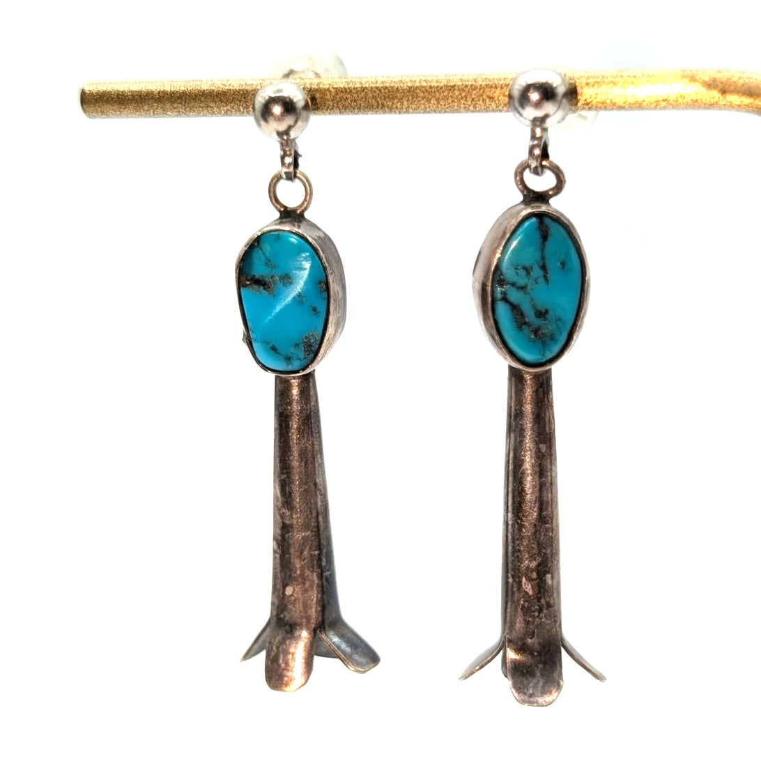 Vintage Turquoise 925 Sterling Silver Squash Blossom Dangle Pierced Earrings