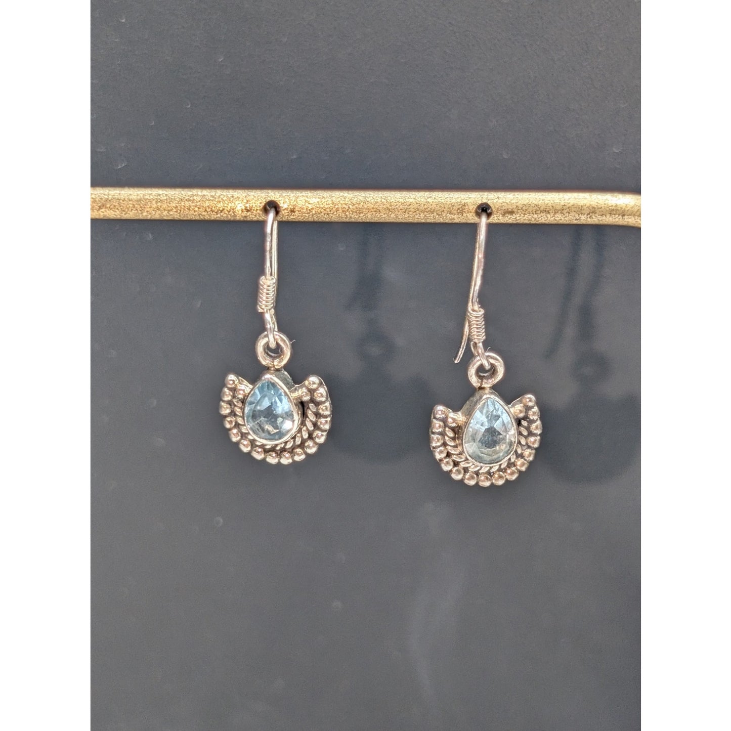 Vintage 925 Sterling Silver Blue Topaz Fan Dangle Earrings