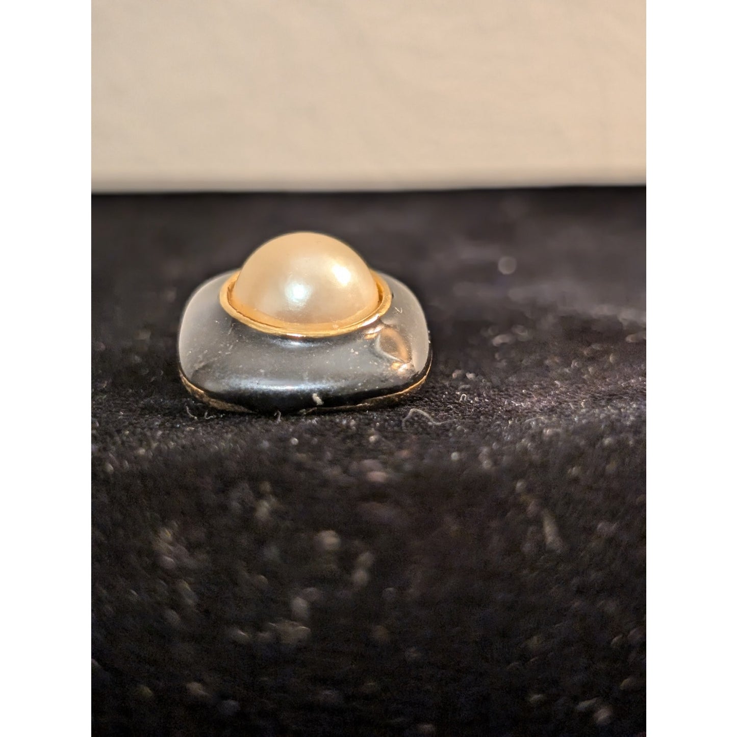 Vintage 80s Squared Off Clip On Black Enamel Faux Mabe Pearl Button Earrings