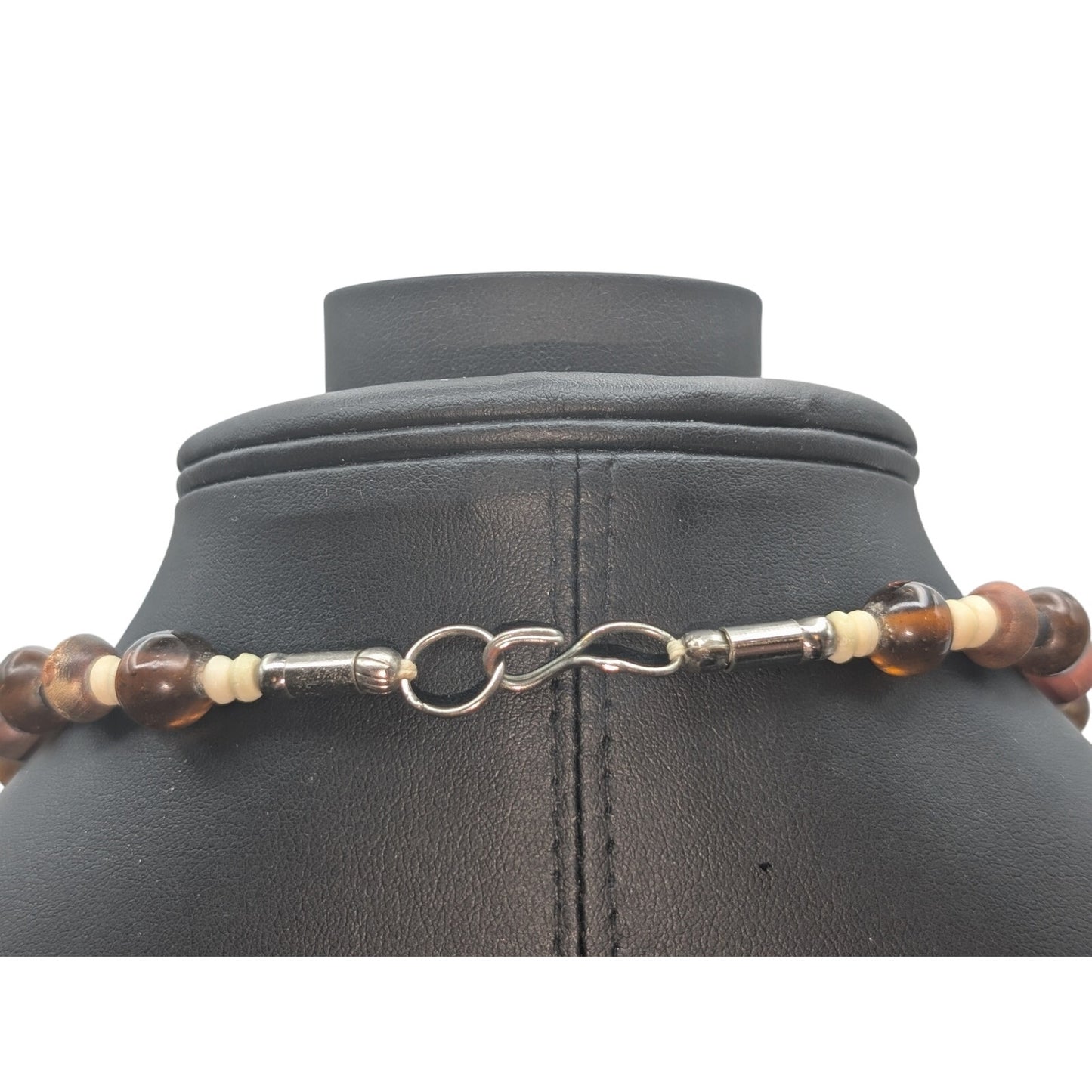 Vintage Amber Cream & Brown Bone Glass Wood Bead Tribal Hook Clasp Necklace