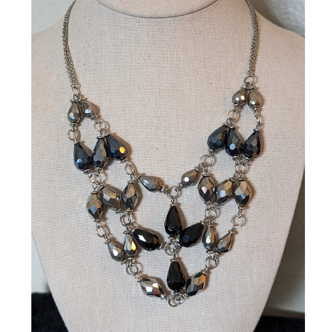 Silver & Black Metallic Crystal Web Beaded Silvertone Chain Statement Necklace