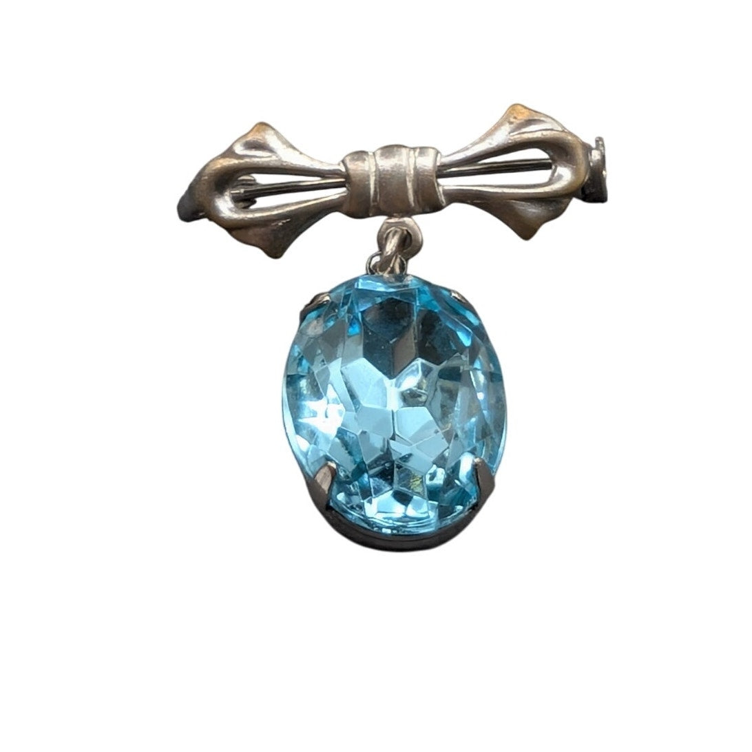 Vintage Blue Rhinestone Dangle Ribbon Silver Tone Brooch