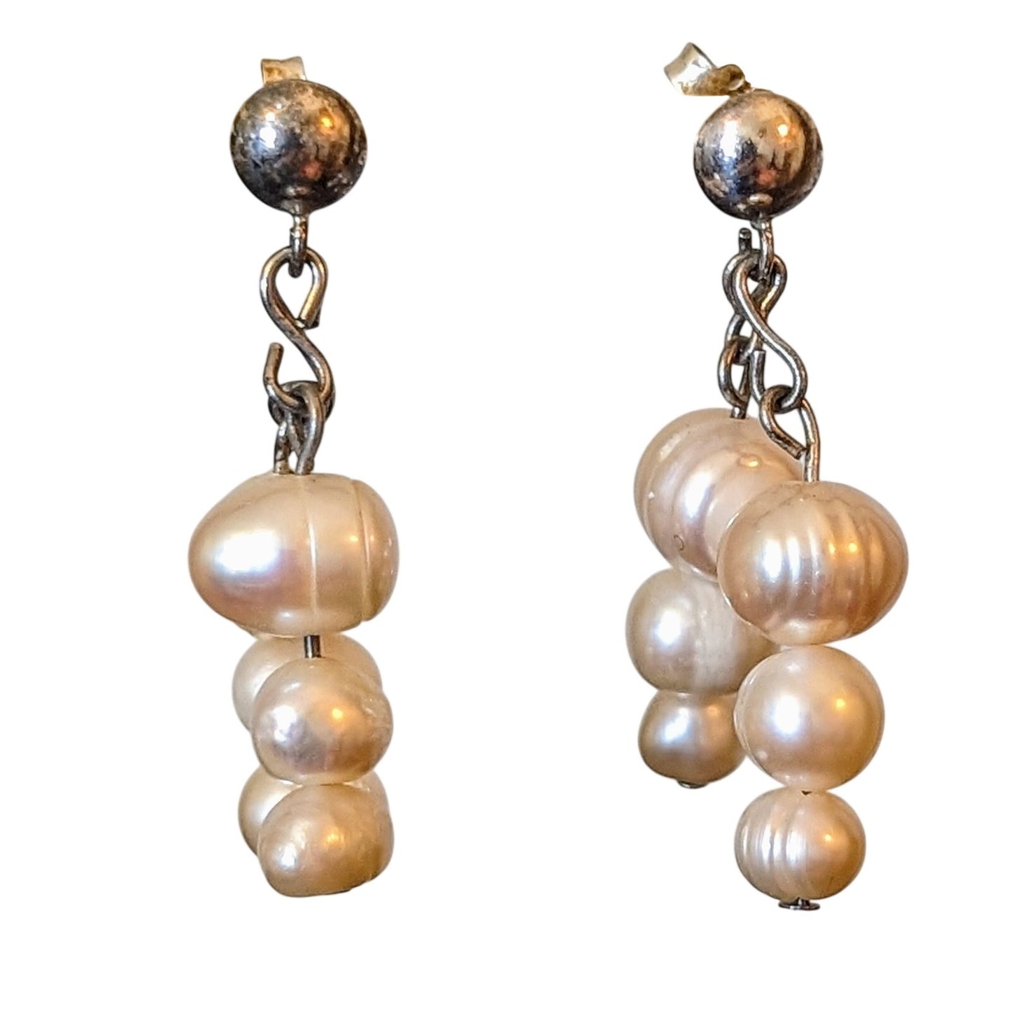 Double Dangle of Three Freshwater Potato Pearls on Sterling Silver Post Earrings