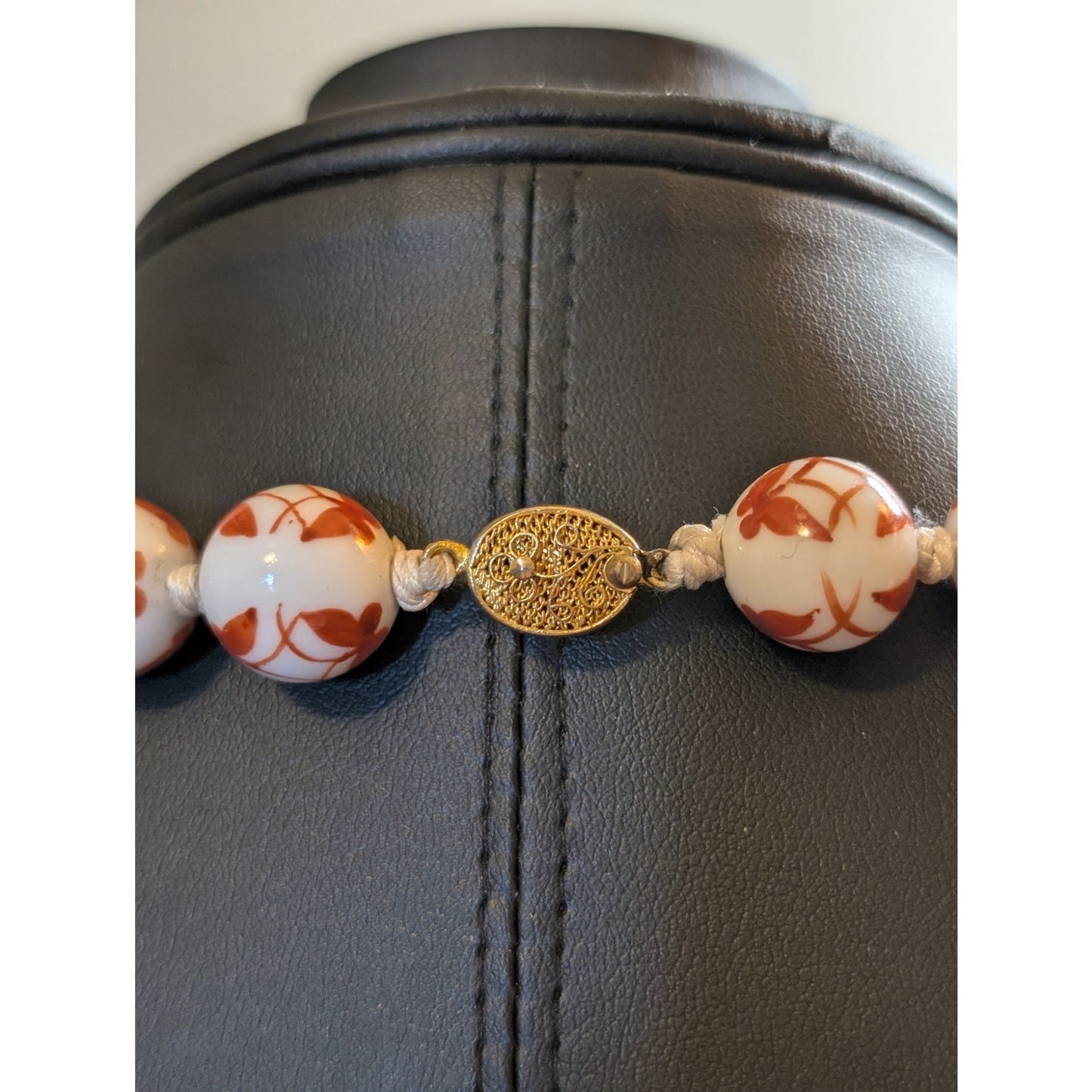 Vintage Mid Century Japanese Porcelain Butterfly Bead Hand-knotted 26" Necklace
