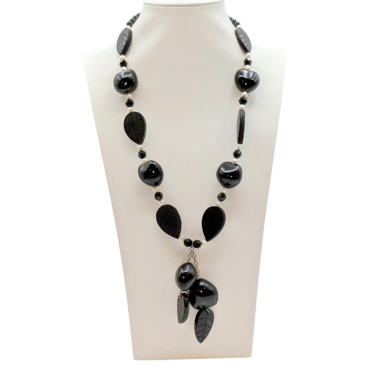 925 Sterling Pearl Black Carved Wood Leaf Tagua Nut Dangle Tassel Necklace