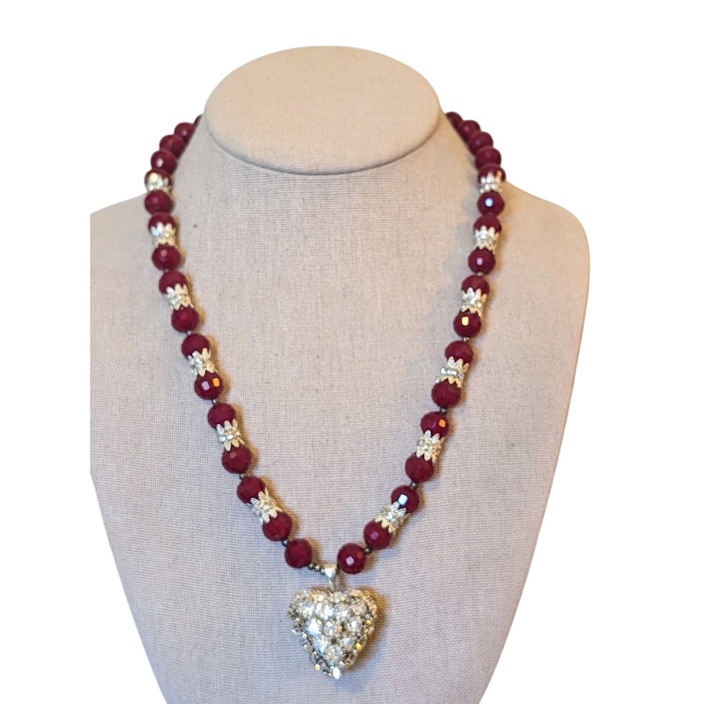 Deep Cranberry Red Cut Faceted Glass Bead and Rhinestone Heart Pendant Necklace