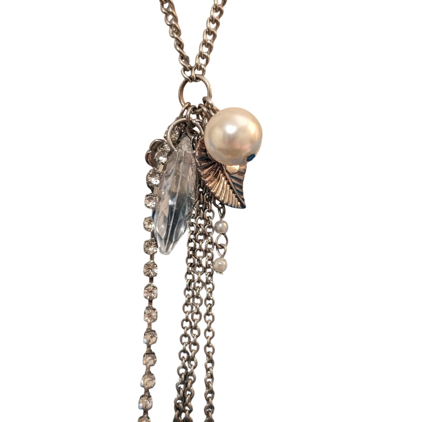 Silver Tone Cluster 22-24.5" Necklace With Rose, Rhinestones, Pearls, etc.