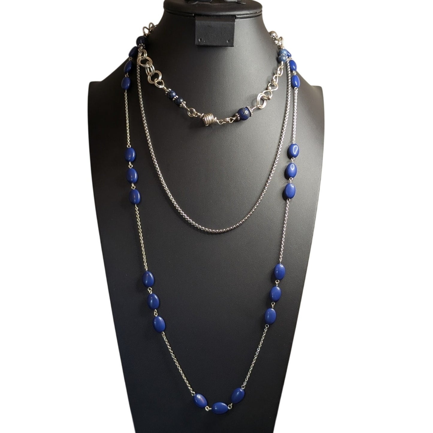Lot of Three Silver Tone Blue Bead Necklaces (One Possibly Lapis Lazuli)