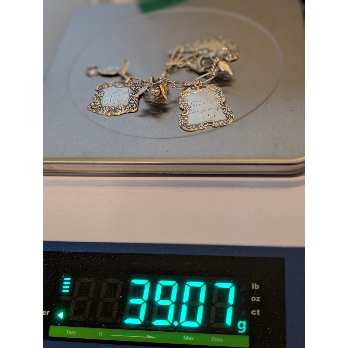 VTG T Foree Hunsicker Sterling Silver Engraved Luggage Tag Cherub Charm Bracelet