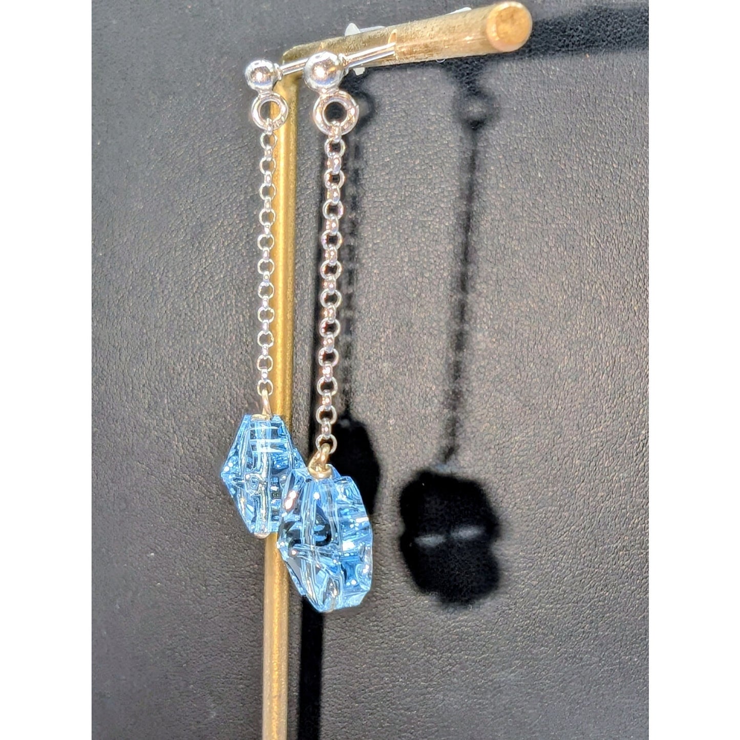925 Sterling Silver Chain Drop Blue Crystal Flower Dangle Post Pierced Earrings