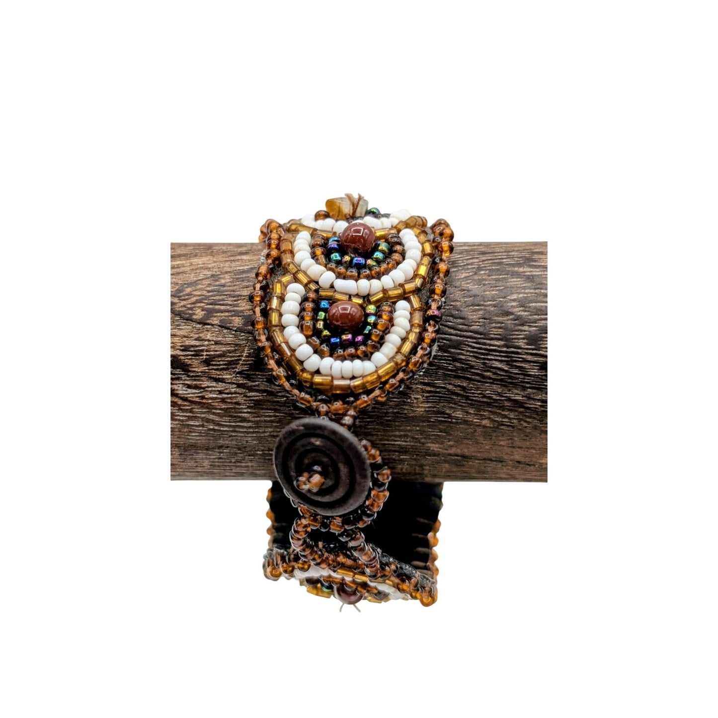 Artisan Brown Beaded Natural Stone Adjustable  Bracelet W/ Button Clasp