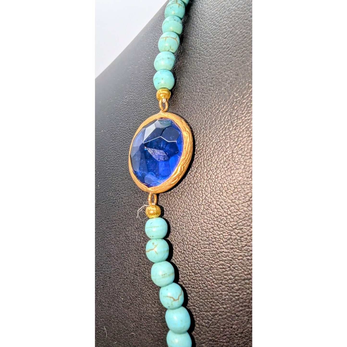 Dyed Howlite Sapphire Glass Gold Tone Bezel Set Tassel Slip Over 28" Necklace