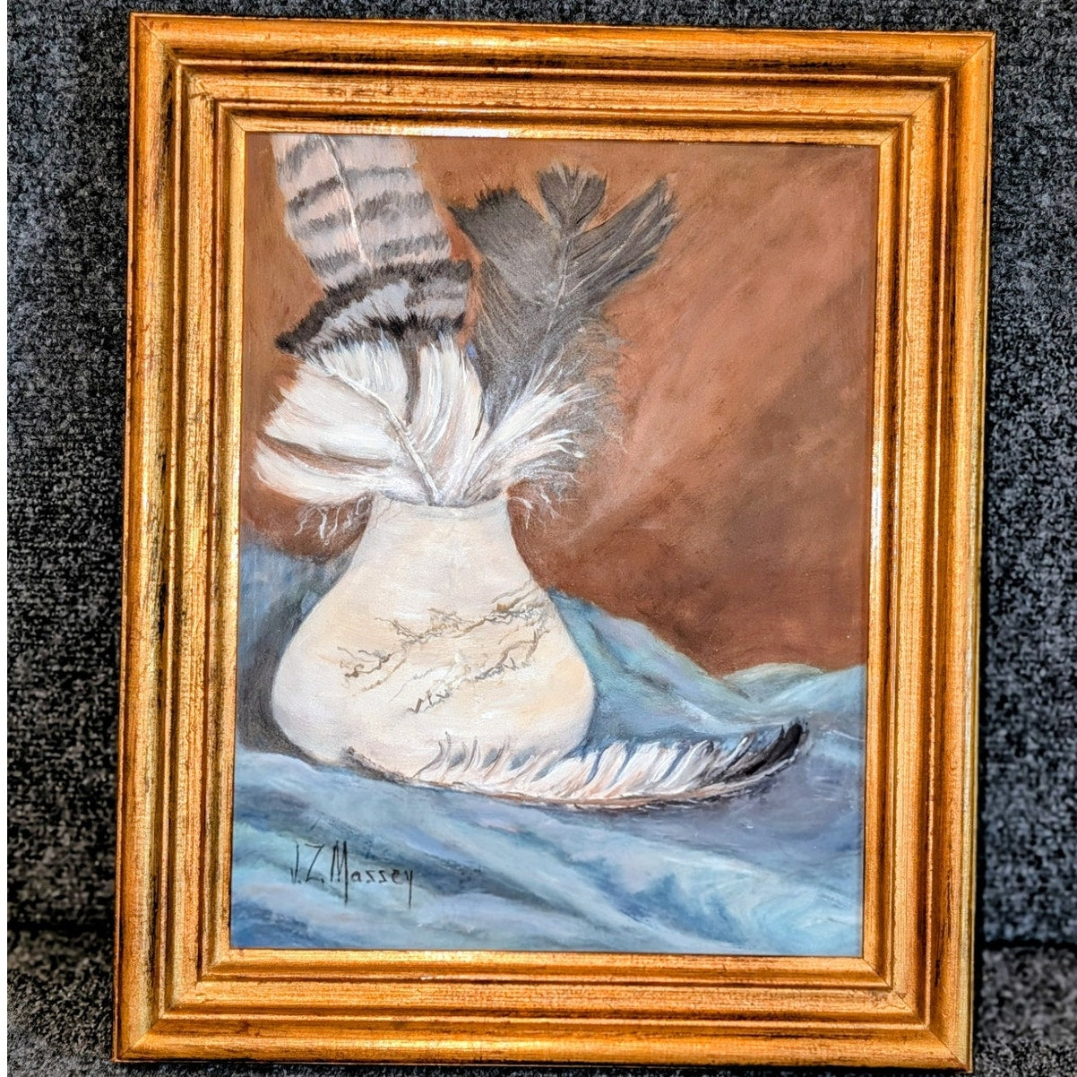Original Signed J.Z. Massey Feathers in Vase Bronze Gilt Wood Framed Painting