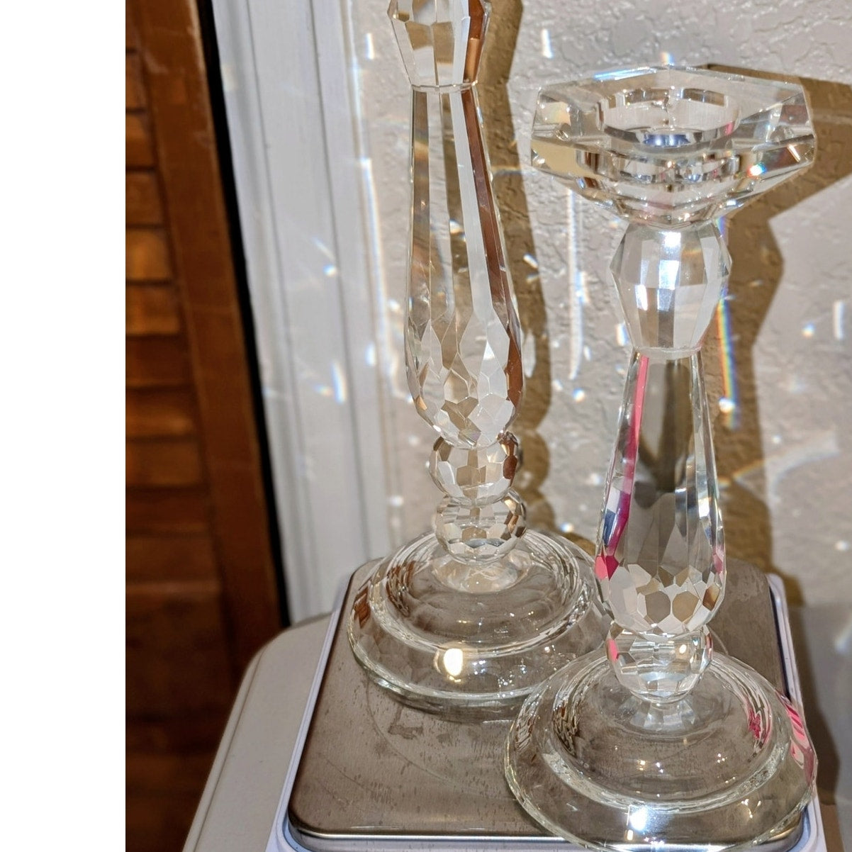 Set of Two Heavy Faceted Lead Crystal Candle Holders 11" & 9" Tall