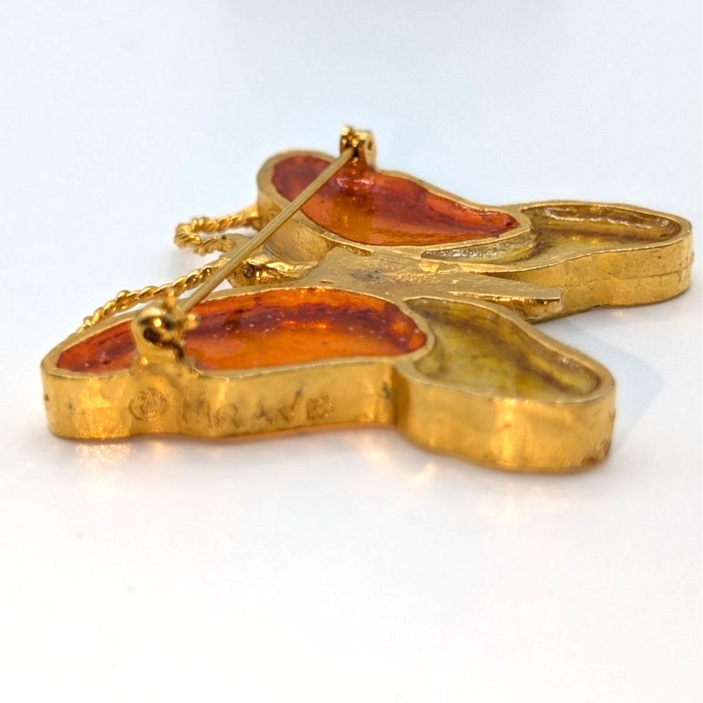 VTG Signed Mr. WE Stained Glass Resin Orange Yellow Gold Tone Butterfly Brooch