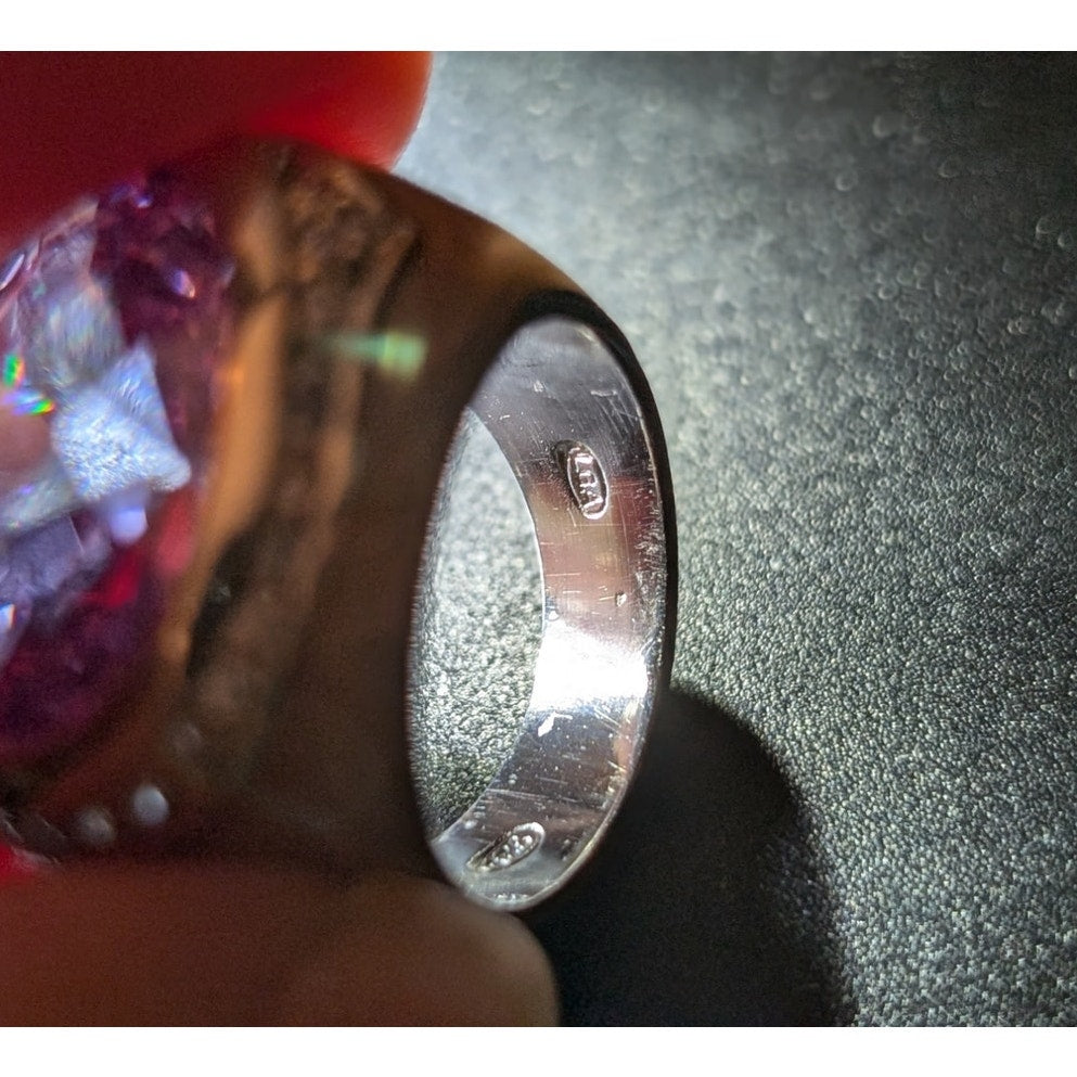 Signed LGA 925 Enamel Faceted Purple Crystal Center Stone Cocktail Ring Sz. 6