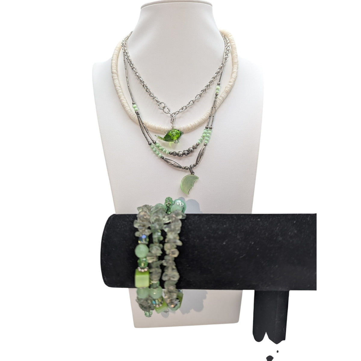Lot of 3 Green Silver Tone Theme Boho Necklaces and a Beaded Wire Wrap Bracelet