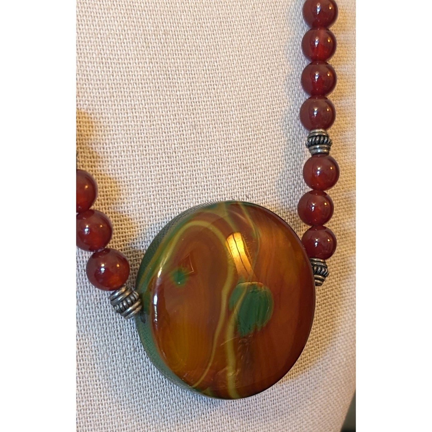 925 Sterling Carnelian Bead Large Jasper Cabochon Necklace W/ Fancy Hook Clasp