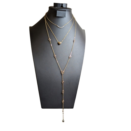 Three Layered Gold Tone Crystal Pearl Heart Necklaces