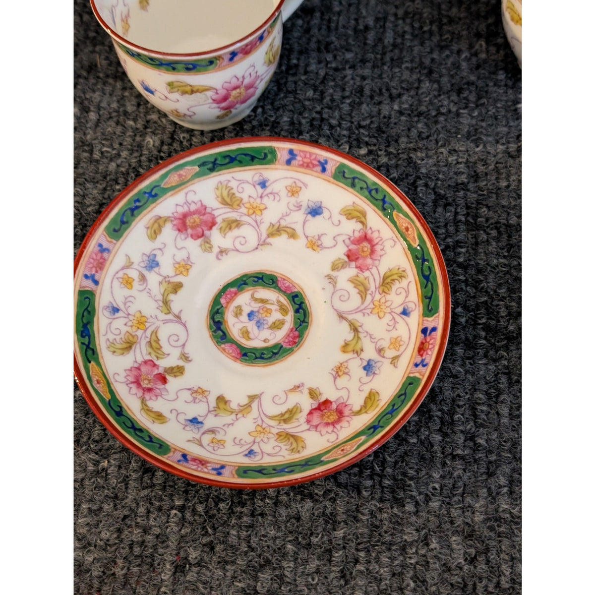 Vintage Royal Chelsea England Tennyson Pink Green Set of 2 Tea Cups & Saucers