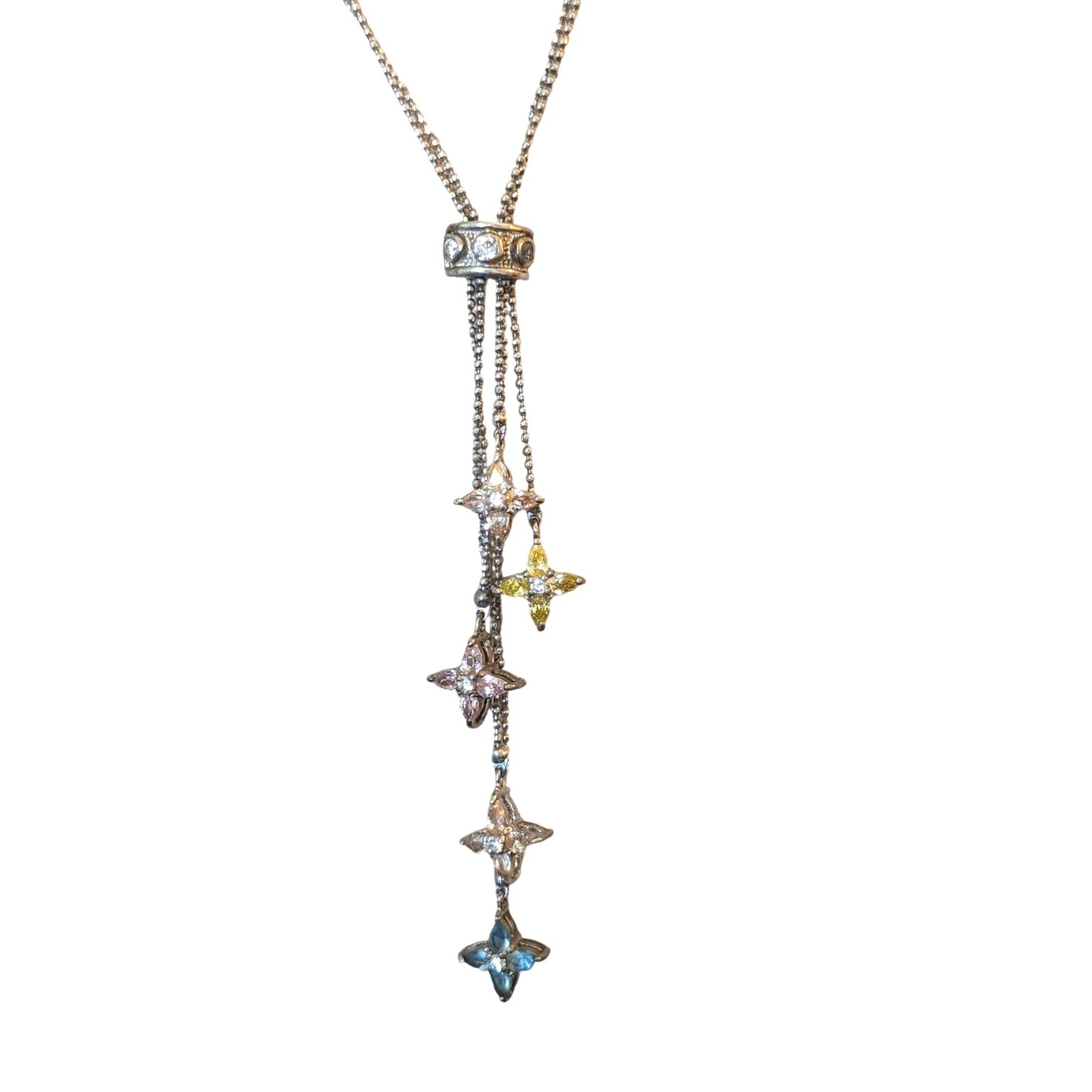 Kiam Family Double Silver Tone Beaded Chain Multi Crystal Star Dangle Necklace