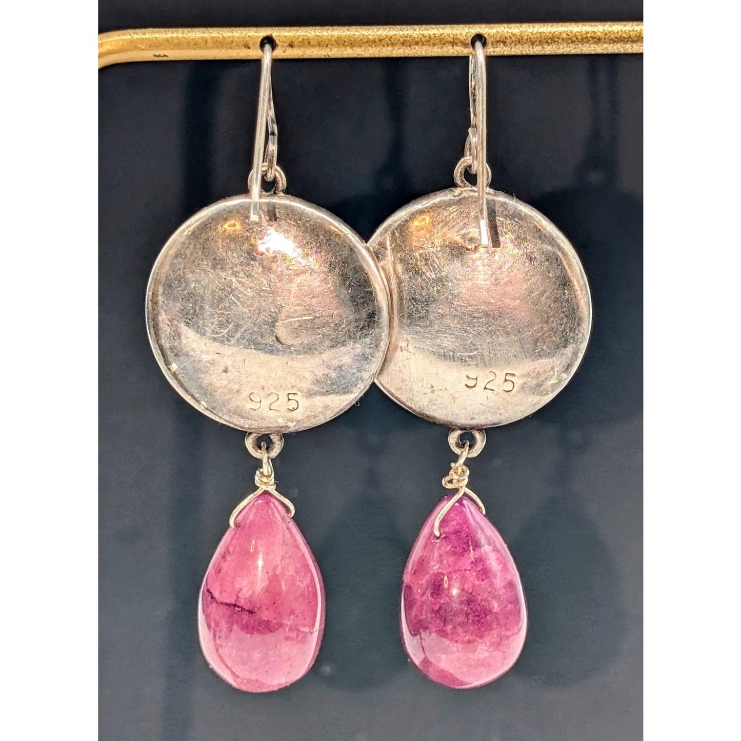 Vintage 925 Sterling Silver Pink Spinel Teardrop Dangle Wire Earrings