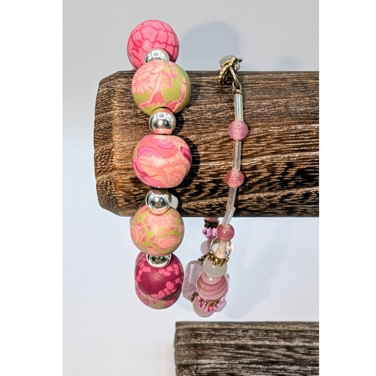 Lot of Two Pink Jilzara Clay Bead Stretch & Lamp Work Glass Bead Bracelets