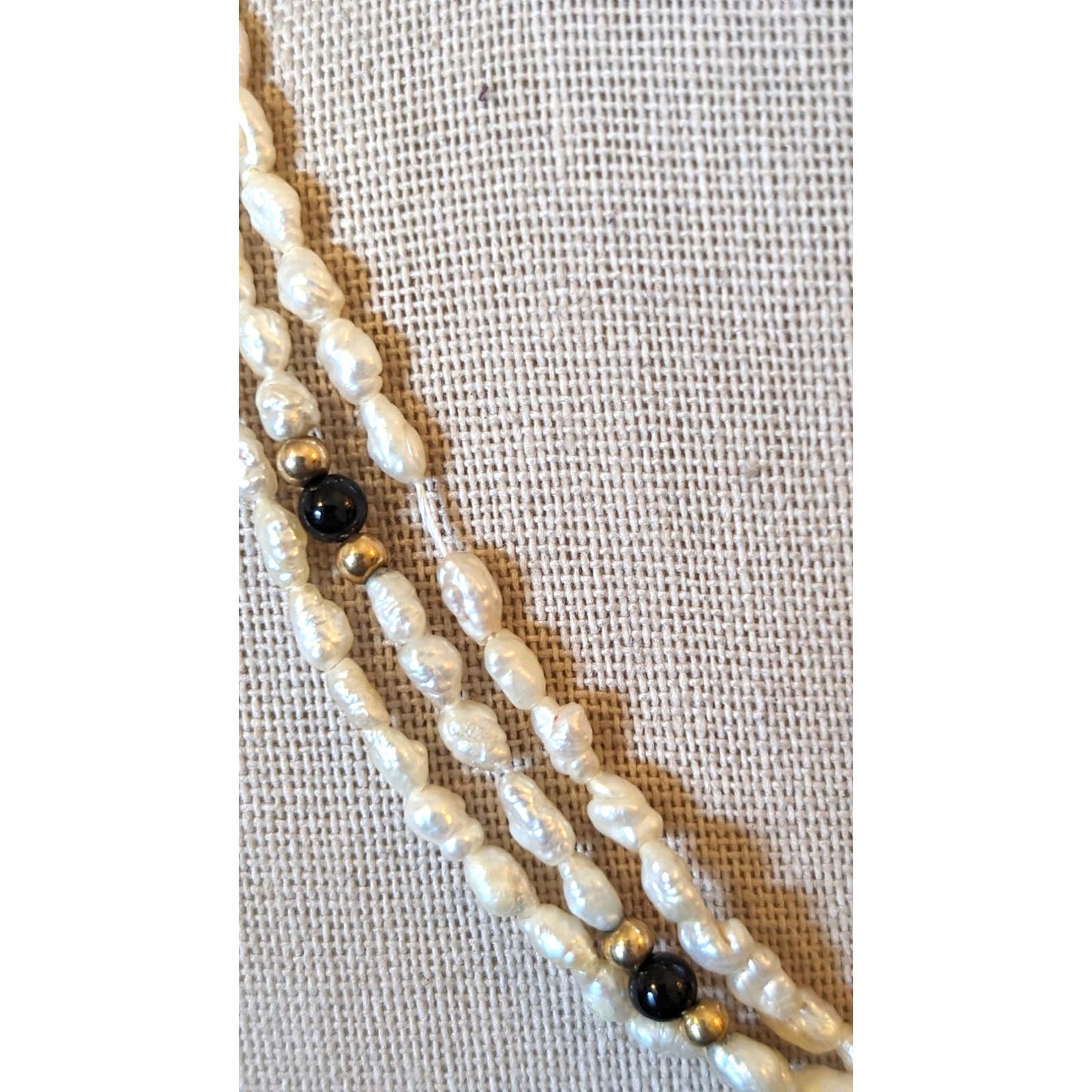 Needs Restrung 14k Yellow Gold Pearl & Onyx Bead Three Strand 17" Necklace