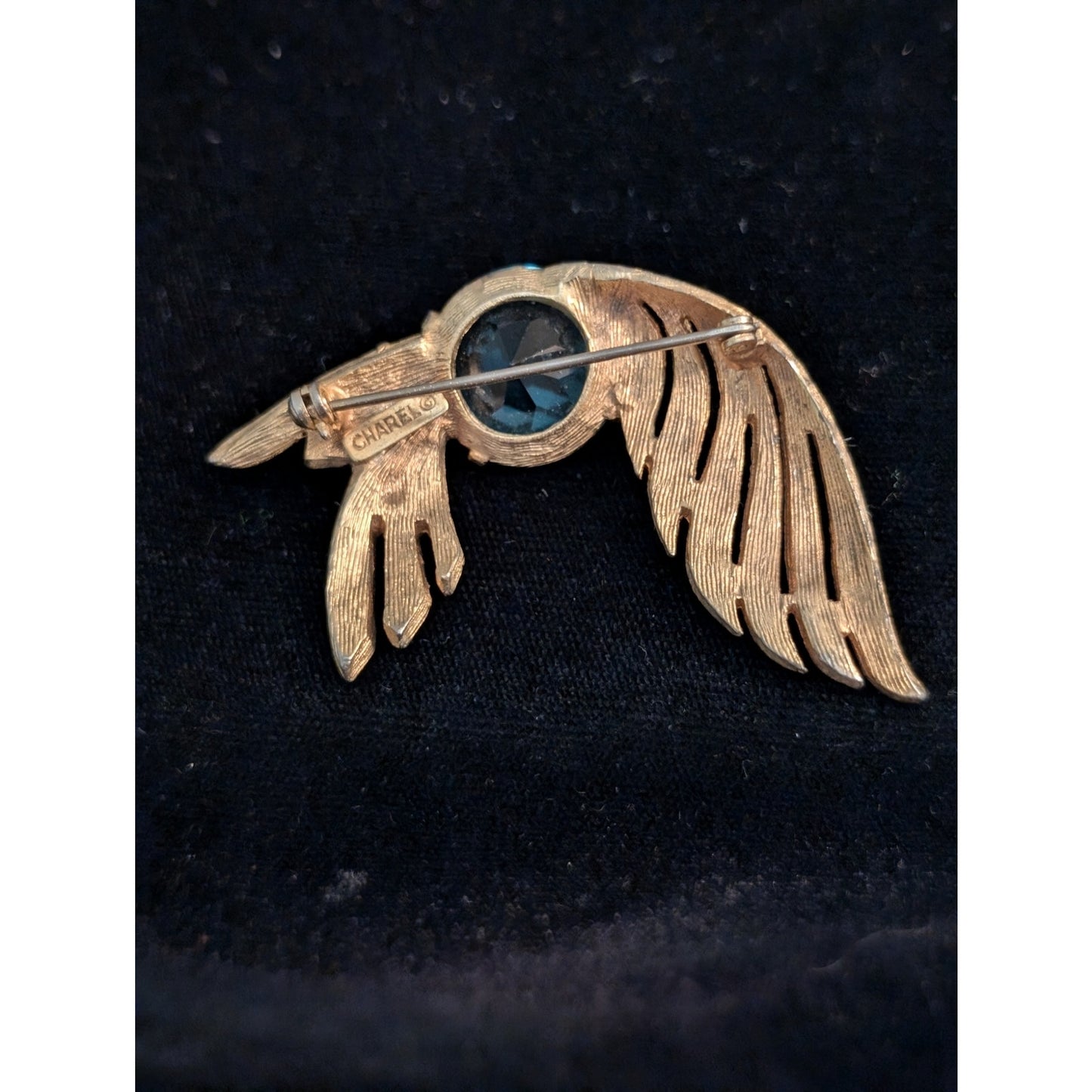 Rare Vintage Signed Charel Large Blue Stone & Rhinestone Gold Tone Brooch