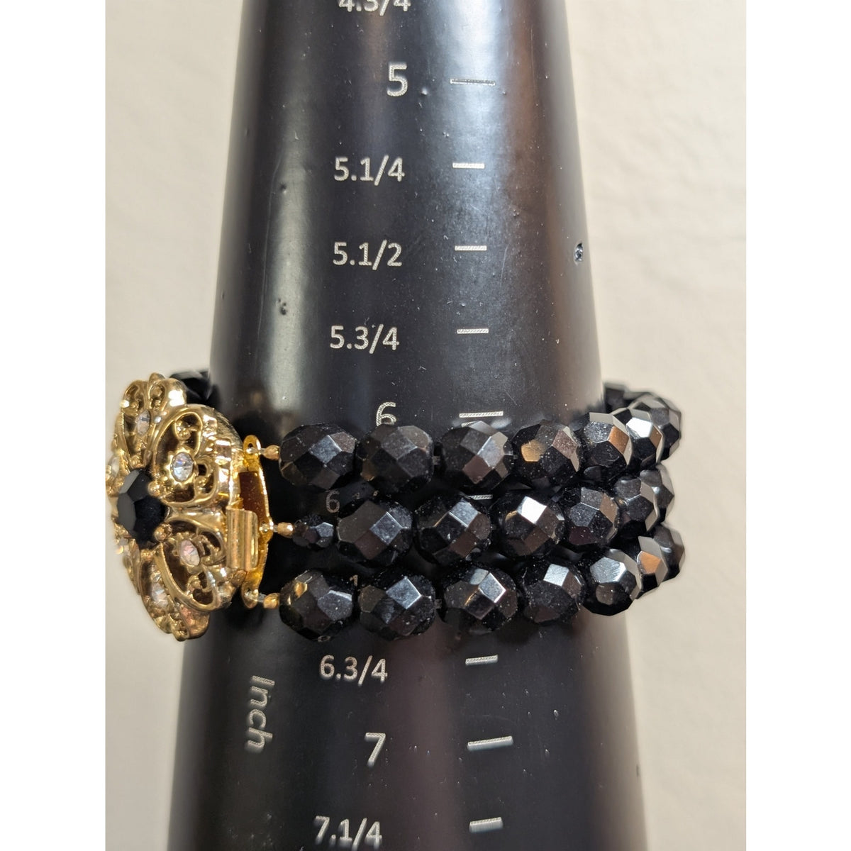 VTG Black Faceted Glass Bead Triple Strand Bracelet W/ Ornate Gold Tone Clasp