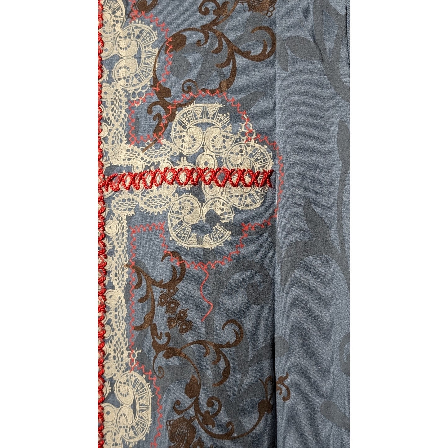 G. Designs Dusty Blue Embroidered Boho Long Sleeve Viscose/Lycra Tee Womens Sz L